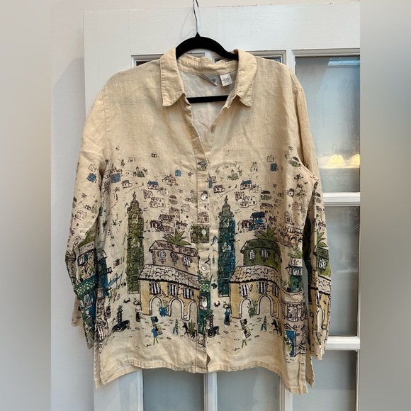 Chico's Art To Wear 100% Linen Pueblo South American Landscape Blouse Size Large - Picture 8 of 14